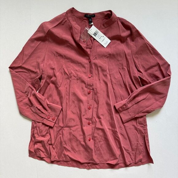 Eileen Fisher Sandwashed Tencel Stand Collar Top Chutney Petite Medium NWT - Picture 2 of 7